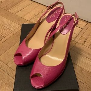 NEVER WORN Cole Haan, peep toe sling backs, Carma OT Air Sling Fuschia TXT Pat